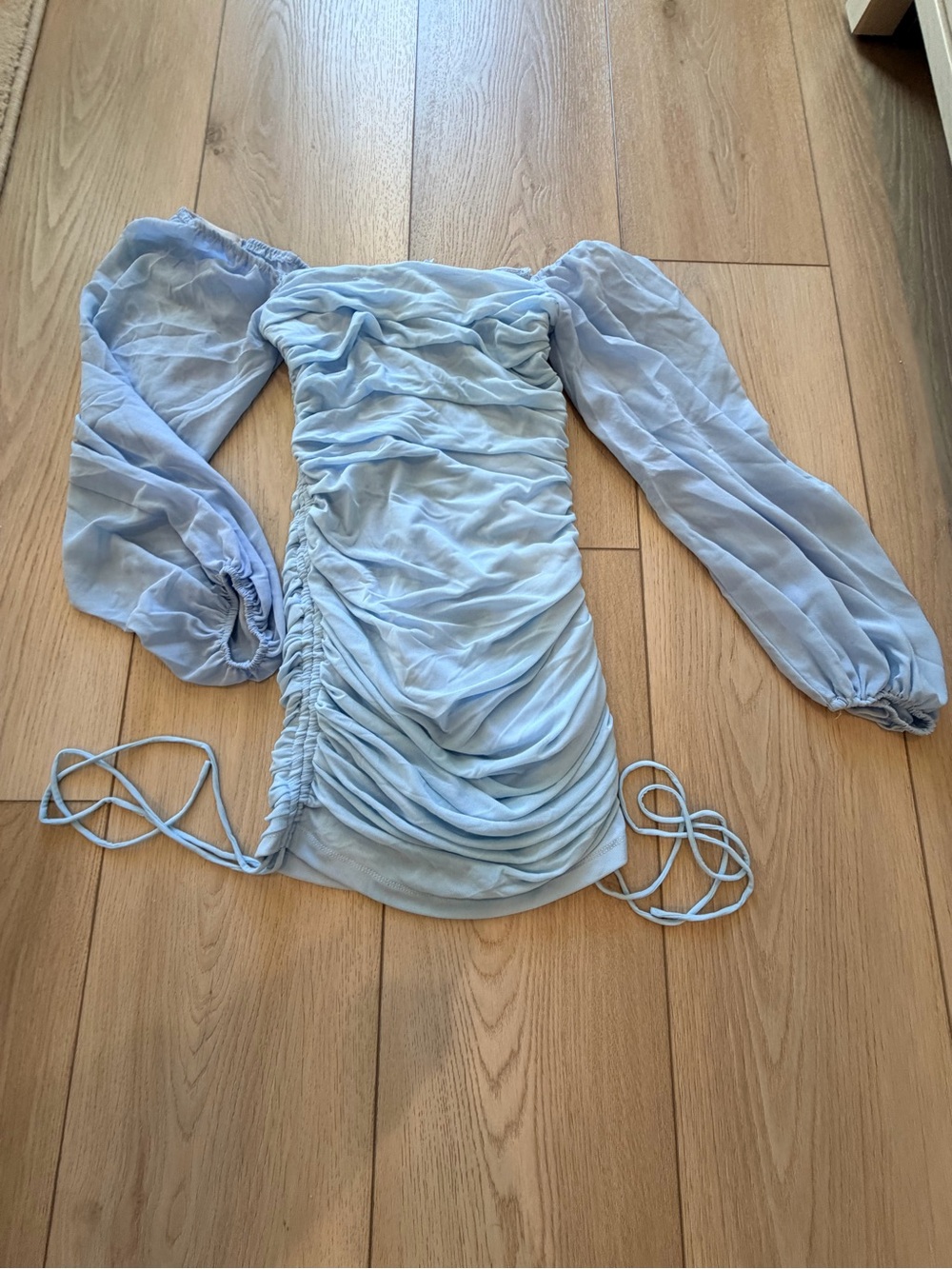 Hello Molly Light Blue Ruched Off-Shoulder Long Sleeve Dress